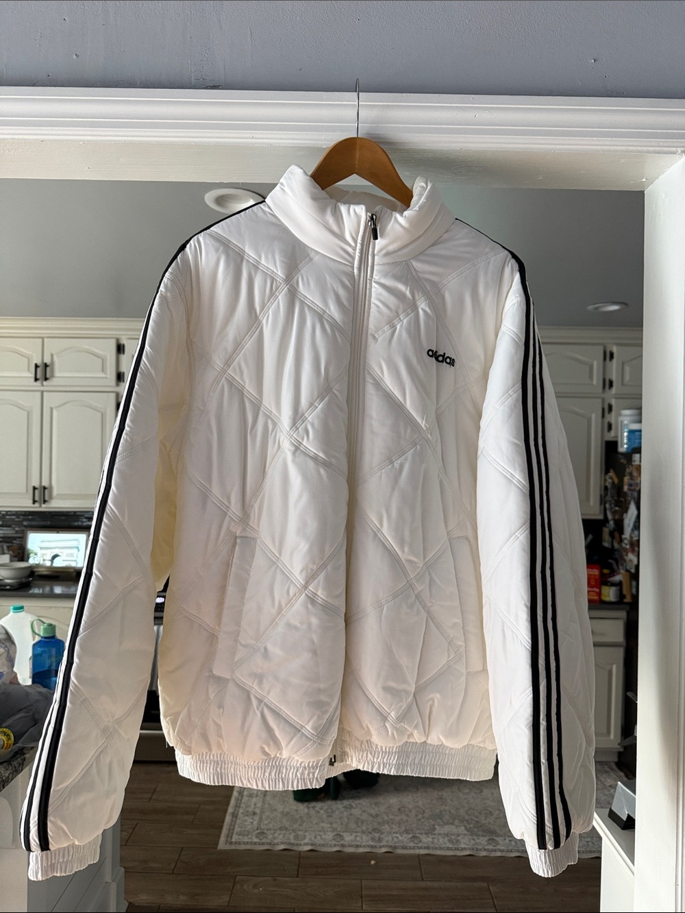 adidas White Quilted Puffer Jacket with Black Three-Stripes